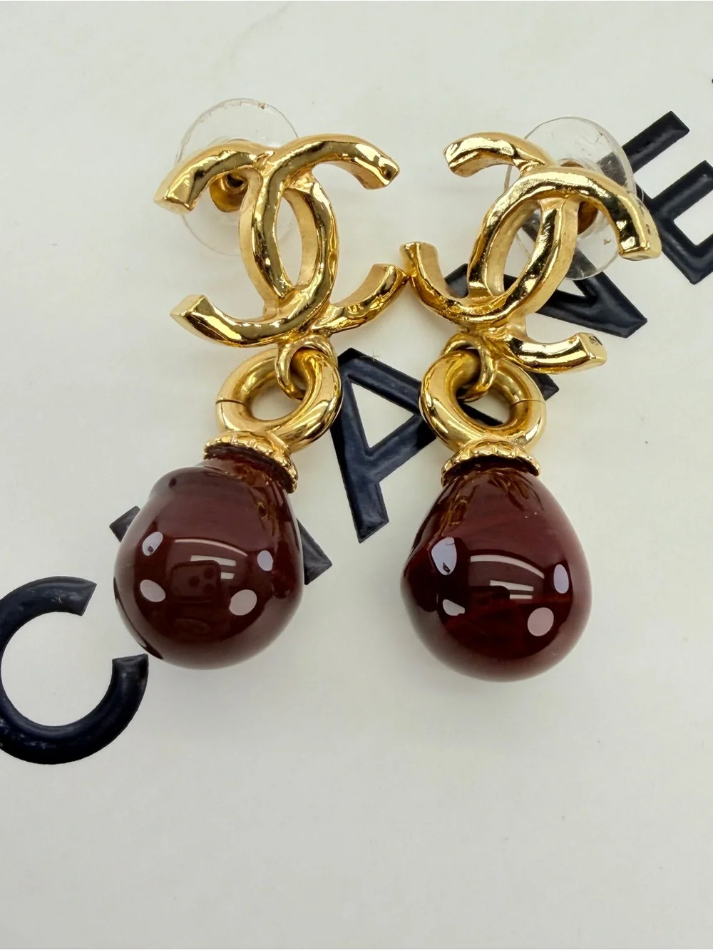 Chanel Gold-Tone CC Drop Earrings with Red Stone 2023